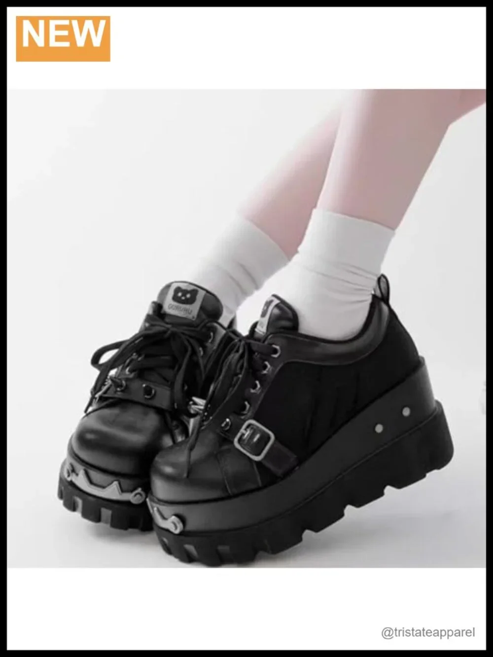 Goth Y2K Platform Combat Boots for Women with Cat Decor 7cm Chunky Sole Lace-Up